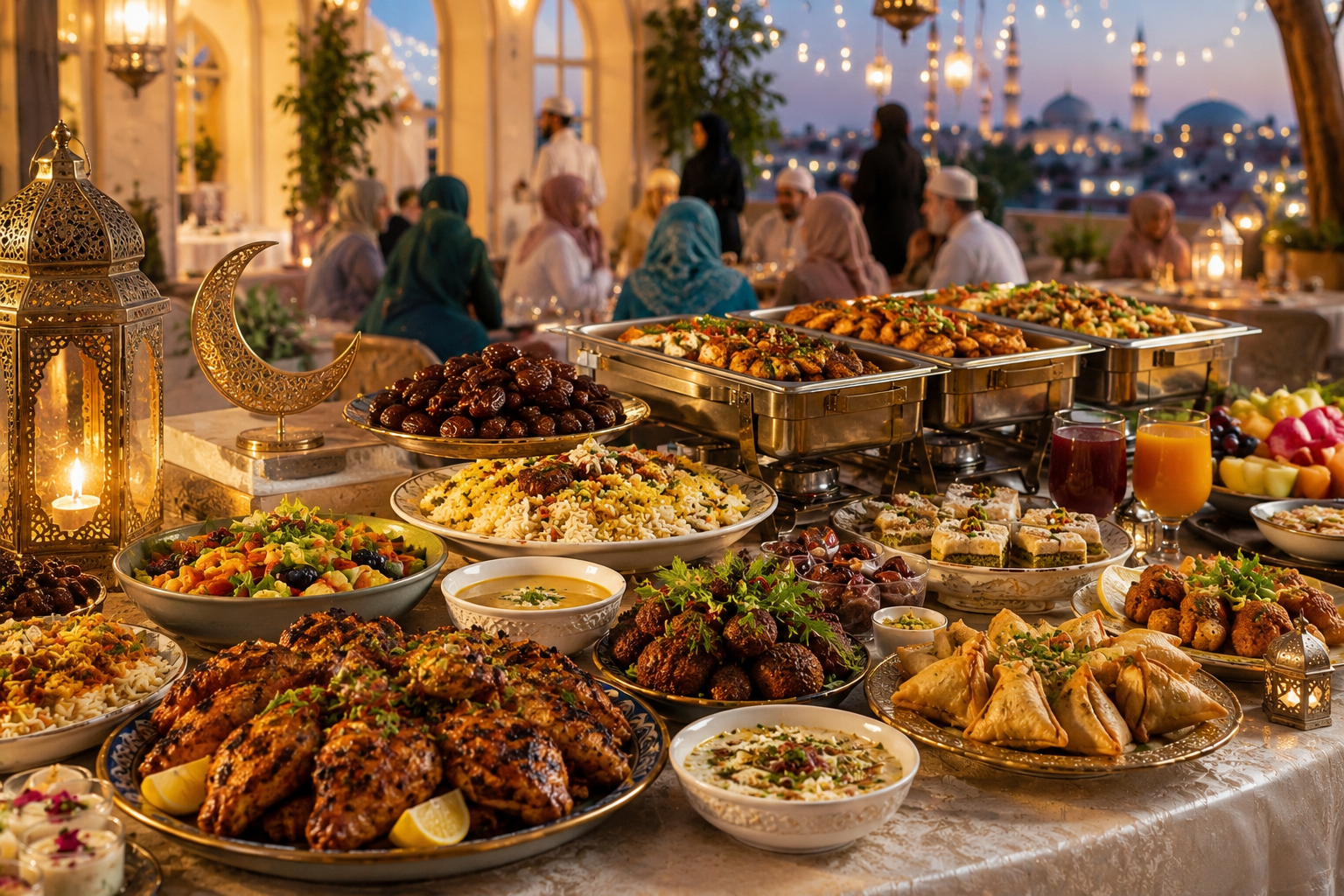 Eid and Ramadan catering buffet with dates, rice, grilled meats, salads, desserts and drinks served at an evening community gathering.