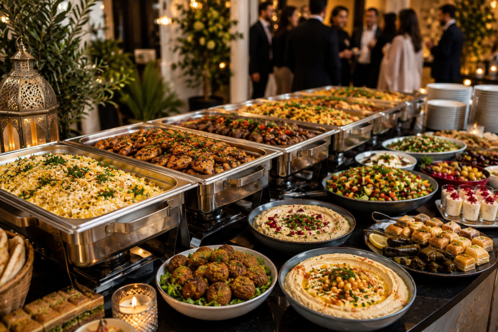 Full-service halal event catering with professional staff coordinating a buffet at an elegant Barcelona venue.