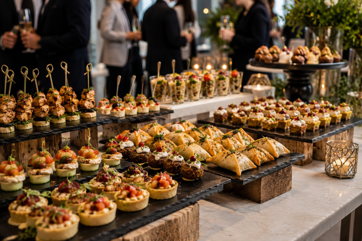 Halal canapés and finger food with mini skewers, mezze bites, falafel, stuffed pastries and small desserts at a Barcelona reception.