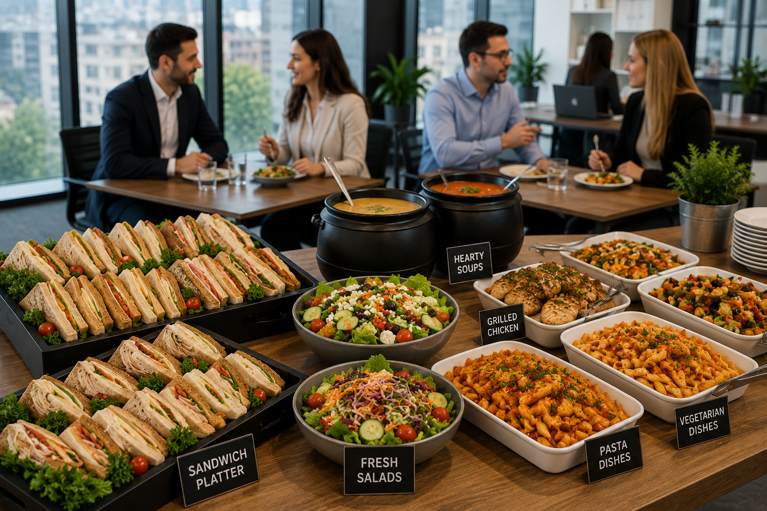 Office lunch catering with sandwich platters, fresh salads, soups, grilled chicken, pasta and vegetarian dishes in a modern workplace.