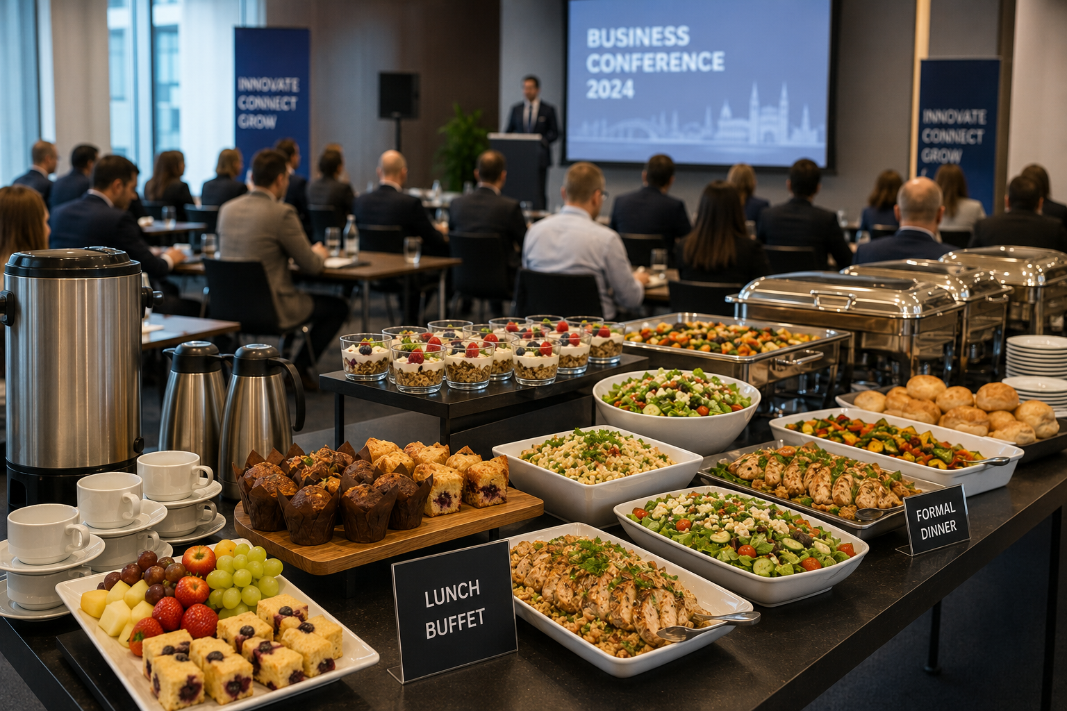 Conference catering with coffee, pastries, fruit, salads and hot buffet dishes served during a professional business seminar.