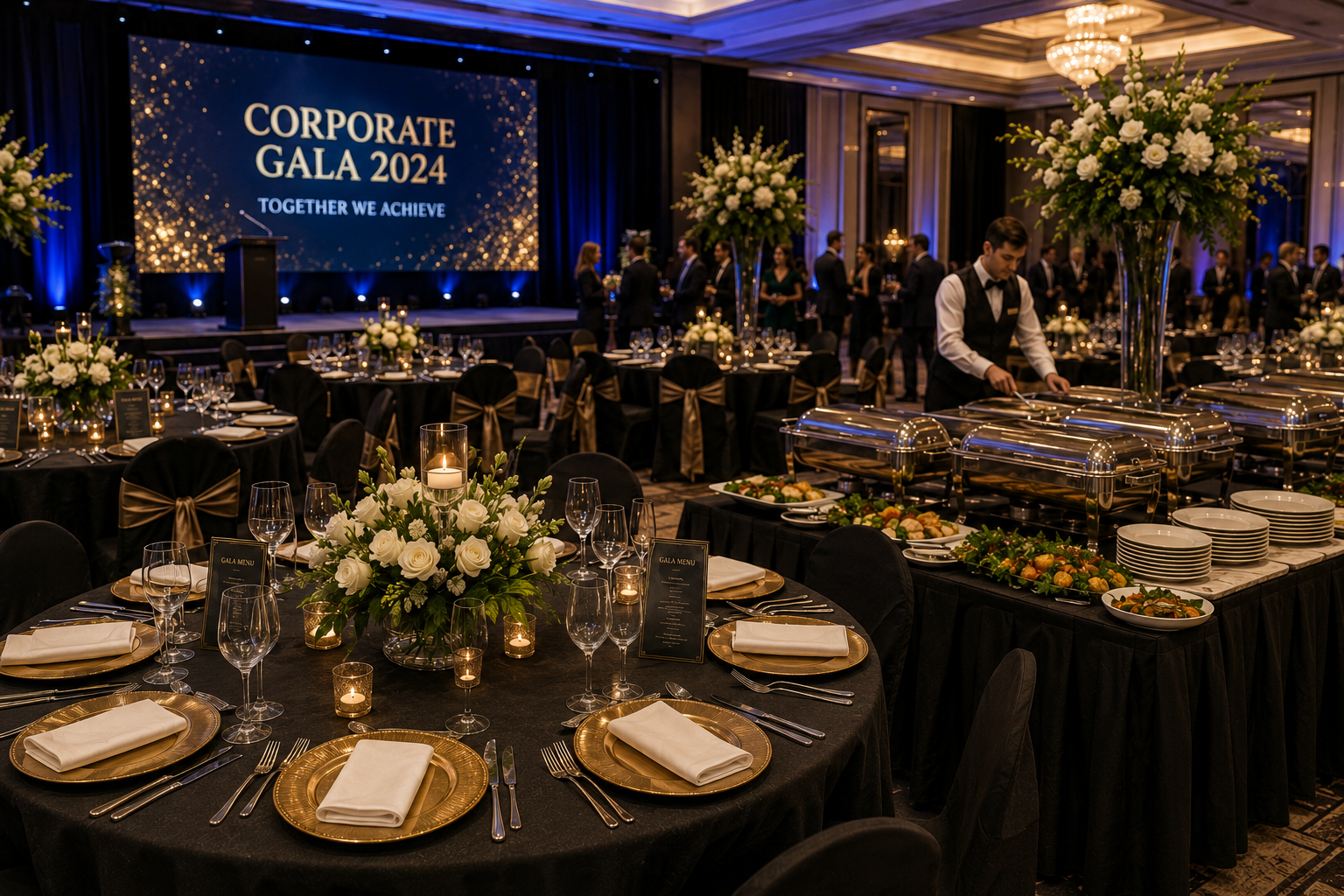 Corporate gala catering with formal table settings, elegant floral décor, buffet service and professional event staff in a luxury ballroom.