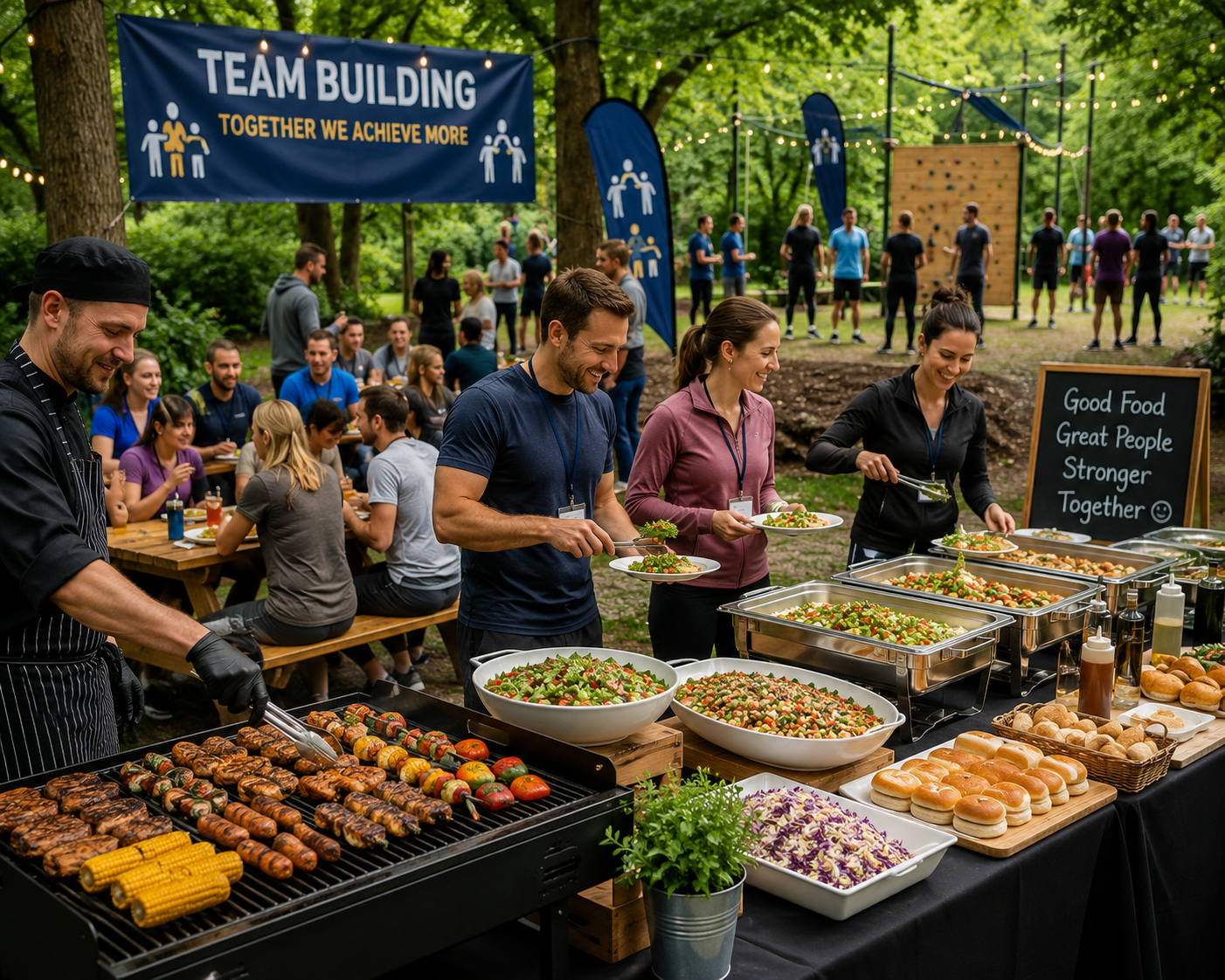 Team-building event catering with an outdoor barbecue, buffet dishes and employees dining together during a company activity day.