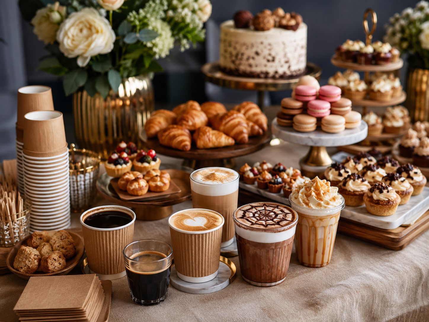 Birthday party coffee catering table with cappuccino, espresso, Americano, mocha, pastries, macarons and a decorated cake.