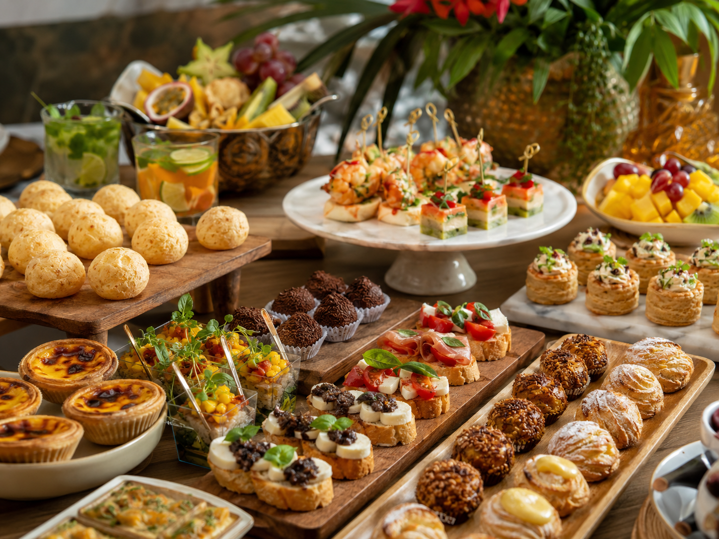 Carnival-inspired catering spread with Brazilian cheese bread, Portuguese custard tarts, colourful canapés, pastries, tropical fruit and party drinks.