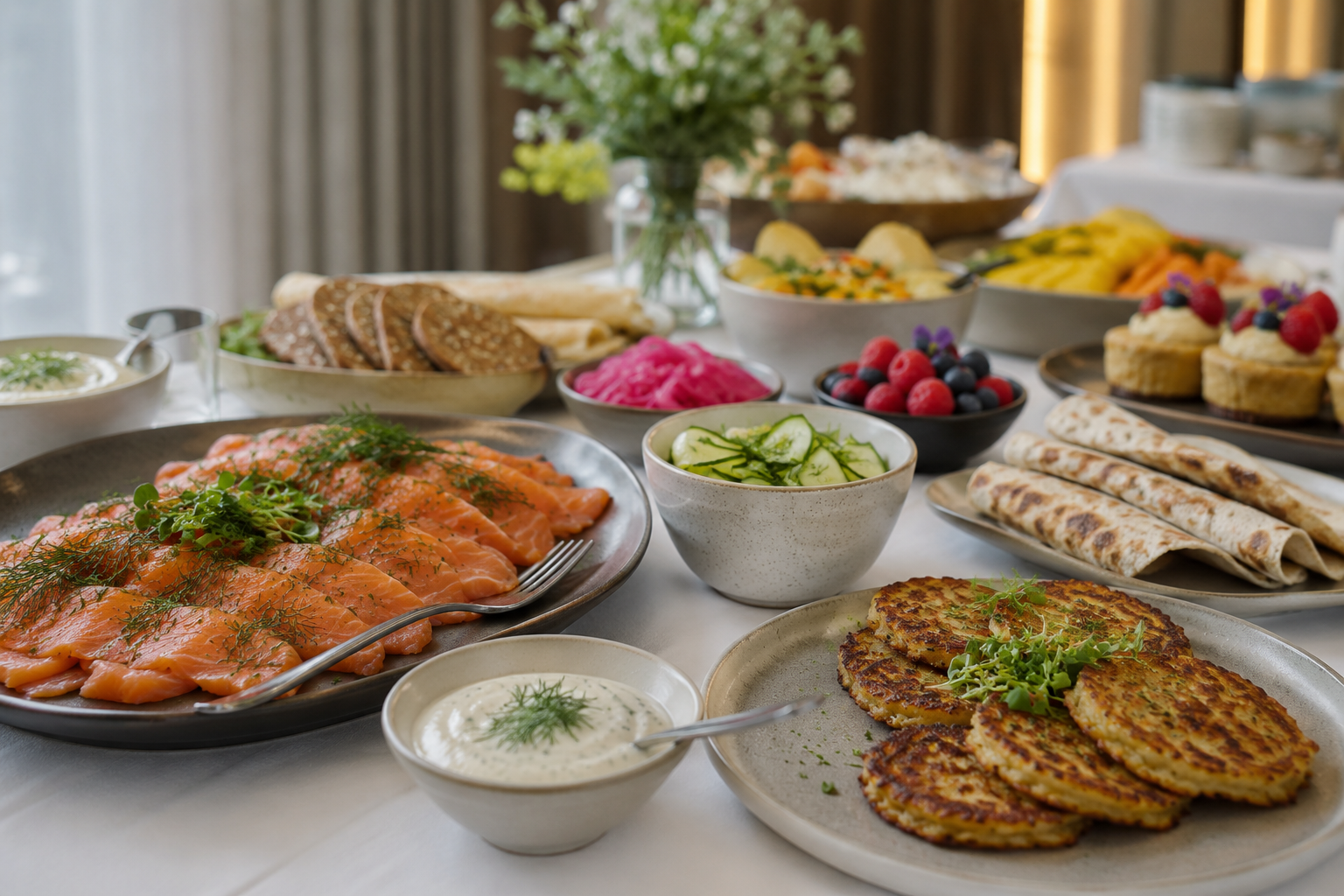 Scandinavian catering spread with cured salmon, potato rösti, flatbreads, pickled vegetables, dill sauce, berries and pastries.