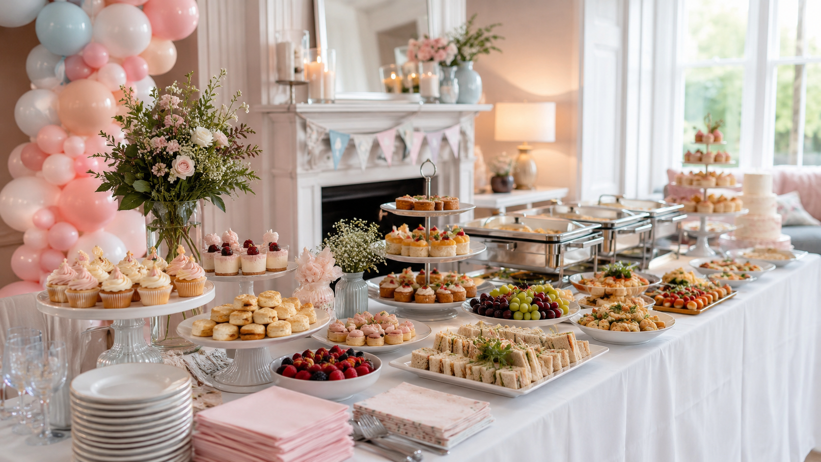 Baby shower catering buffet with finger sandwiches, pastries, fruit, cupcakes and pastel decorations in an elegant Islington venue.
