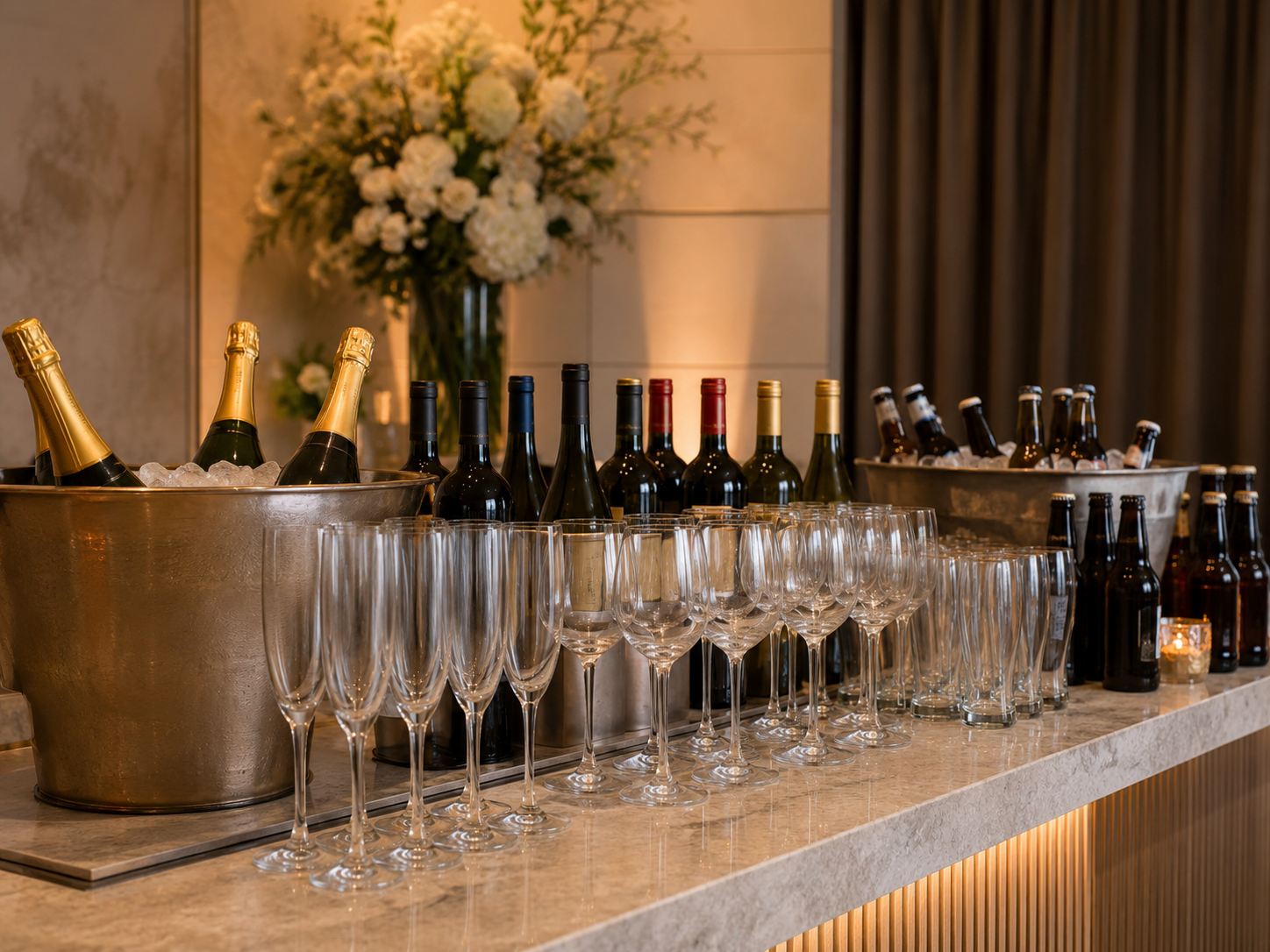 Wine, beer and champagne service setup with chilled bottles and organised glassware for London events.