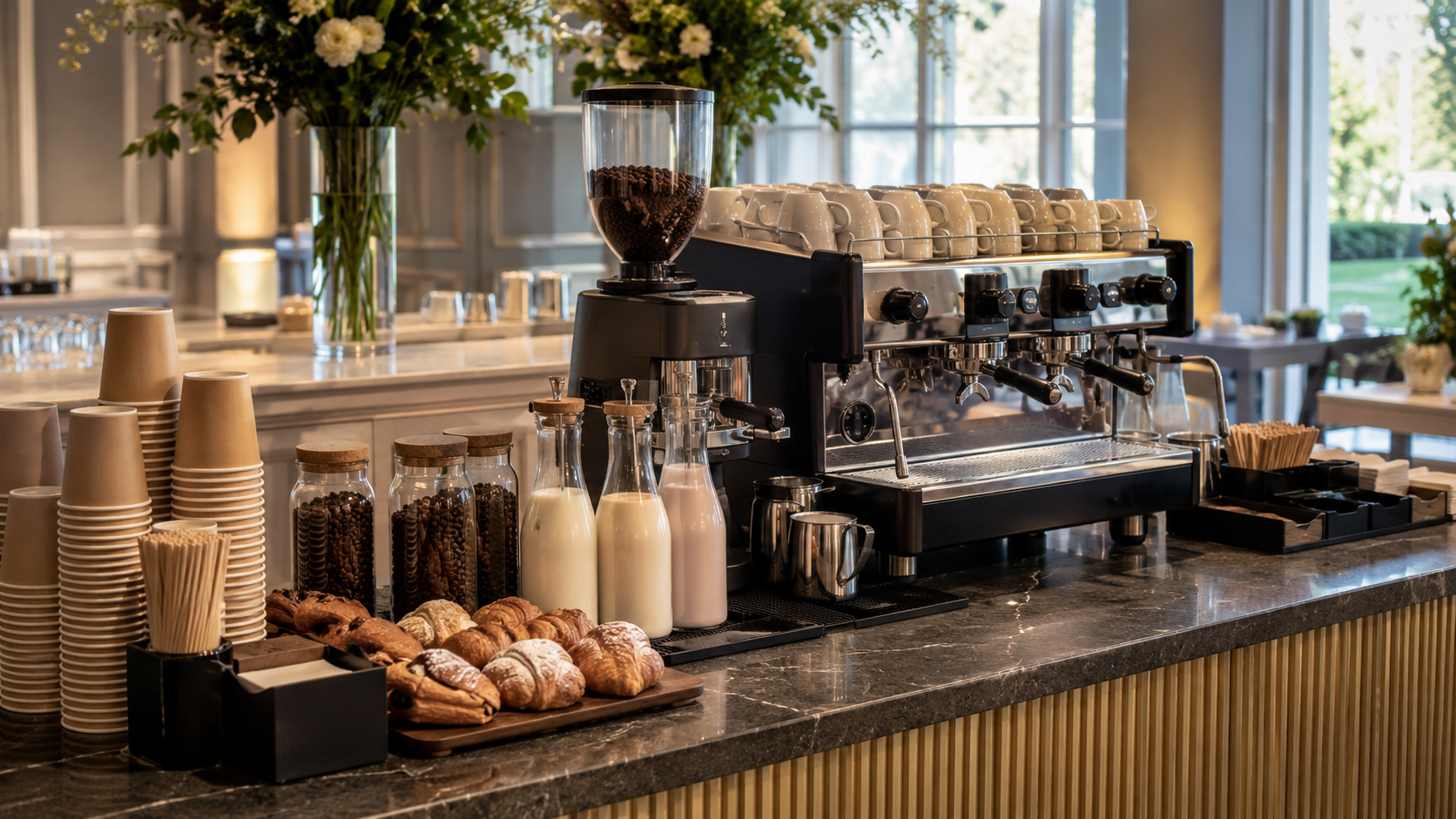 Coffee station setup for barista staff in London with espresso machine, takeaway cups, milk options and pastries at an event venue.