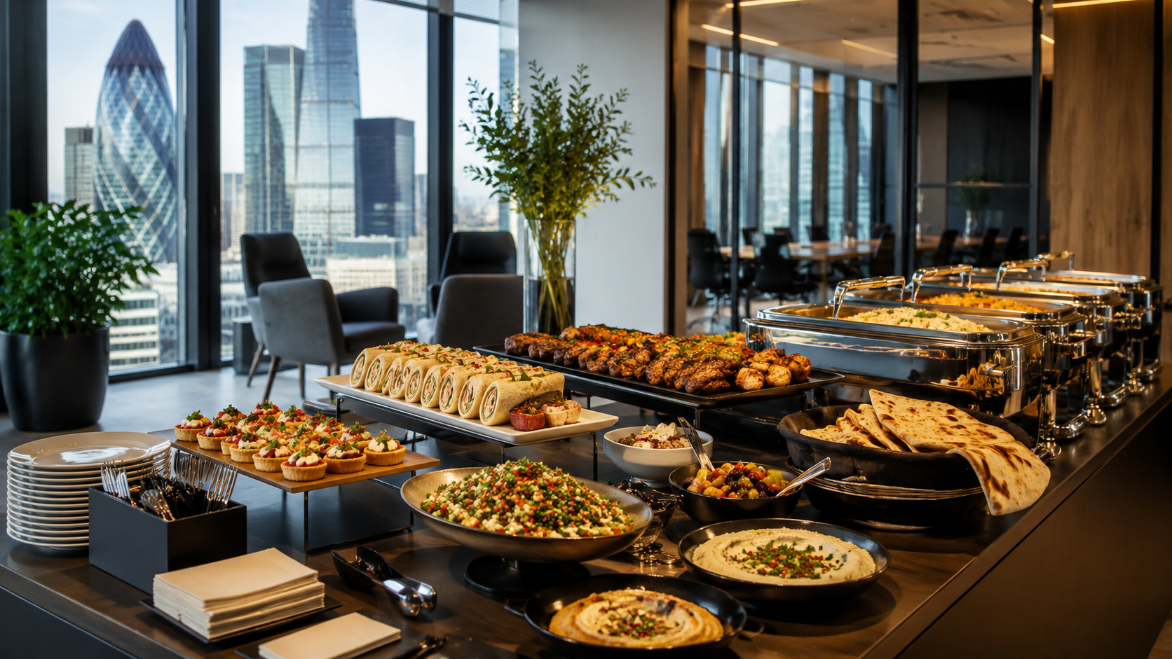 Corporate halal catering buffet with grilled meats, rice, wraps, salads and mezze in a modern Central London office.