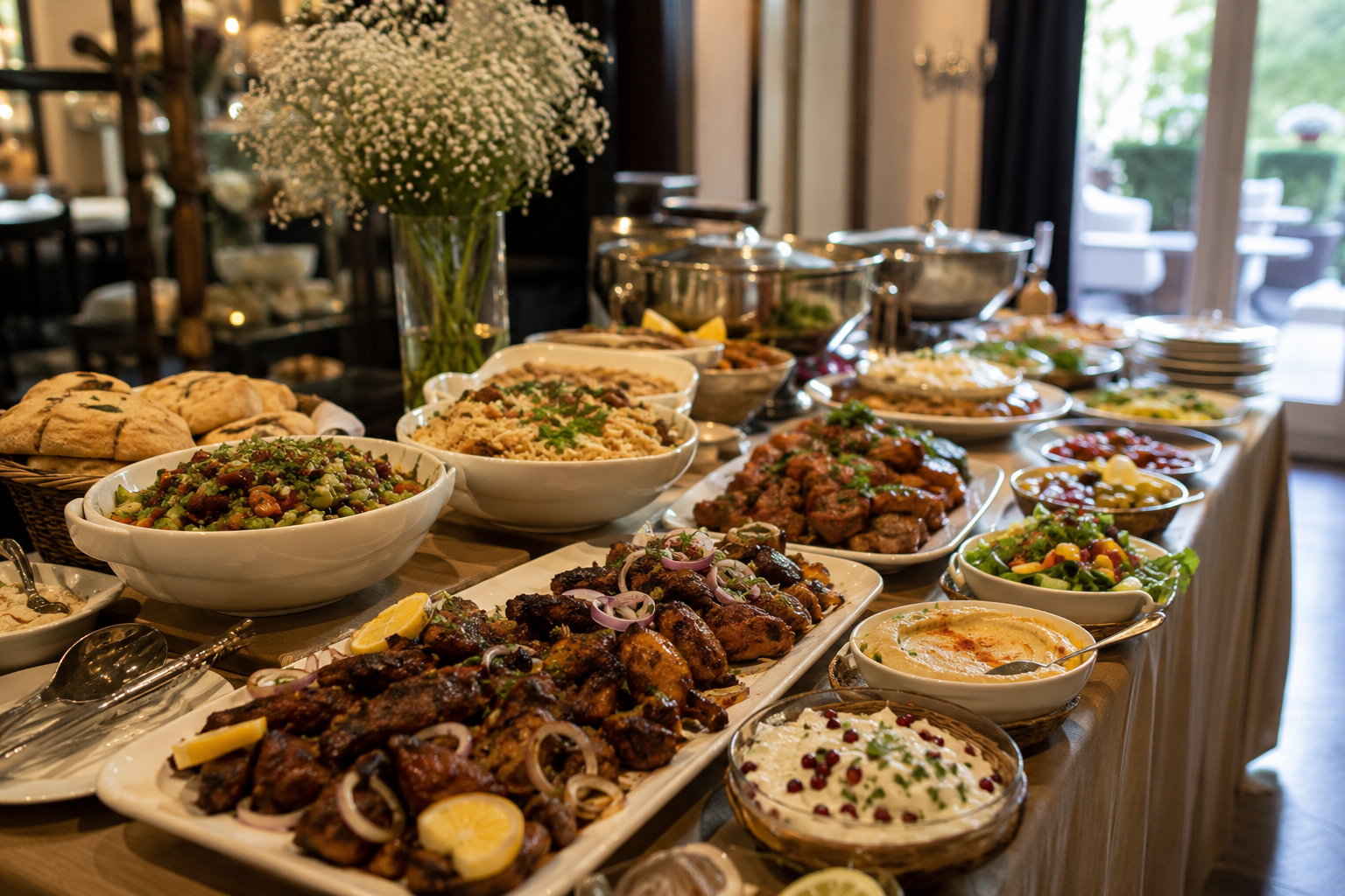 halal event catering buffet with grilled meats, rice, salads, breads and mezze for a London celebration.