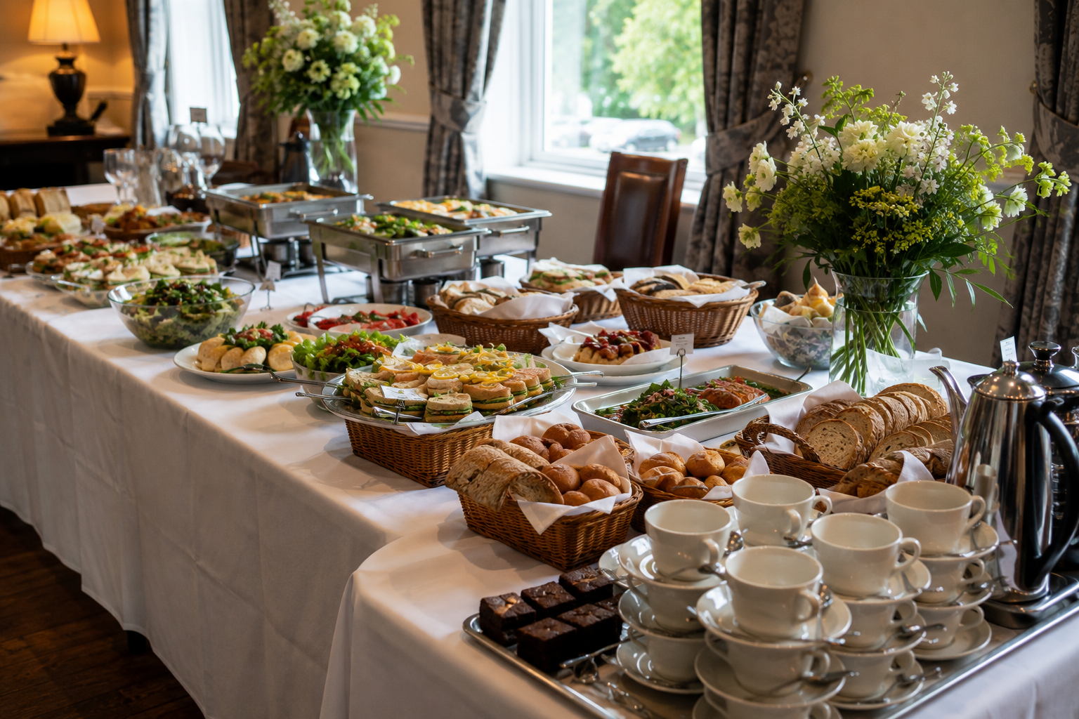 Elegant funeral wake catering buffet featuring freshly prepared sandwiches, hot dishes, homemade desserts, tea and coffee station