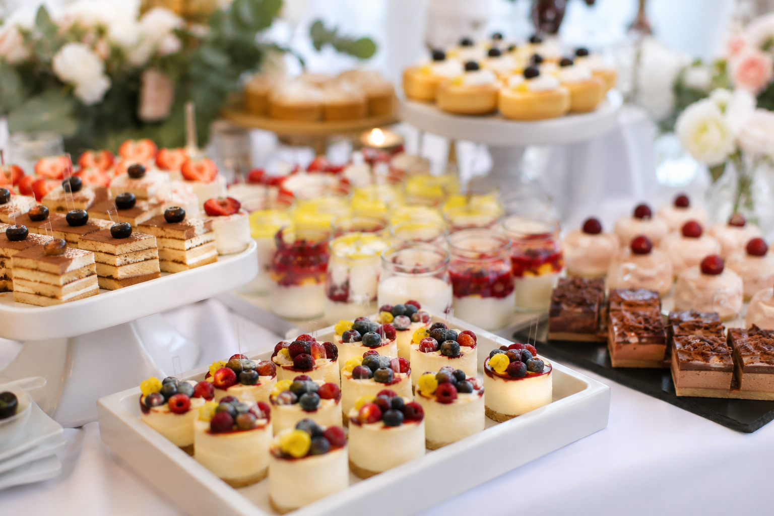 Seasonal dessert buffet featuring assorted mini cheesecakes, fruit desserts, chocolate treats and layered dessert pots displayed on an elegant catering table for corporate and private events.
