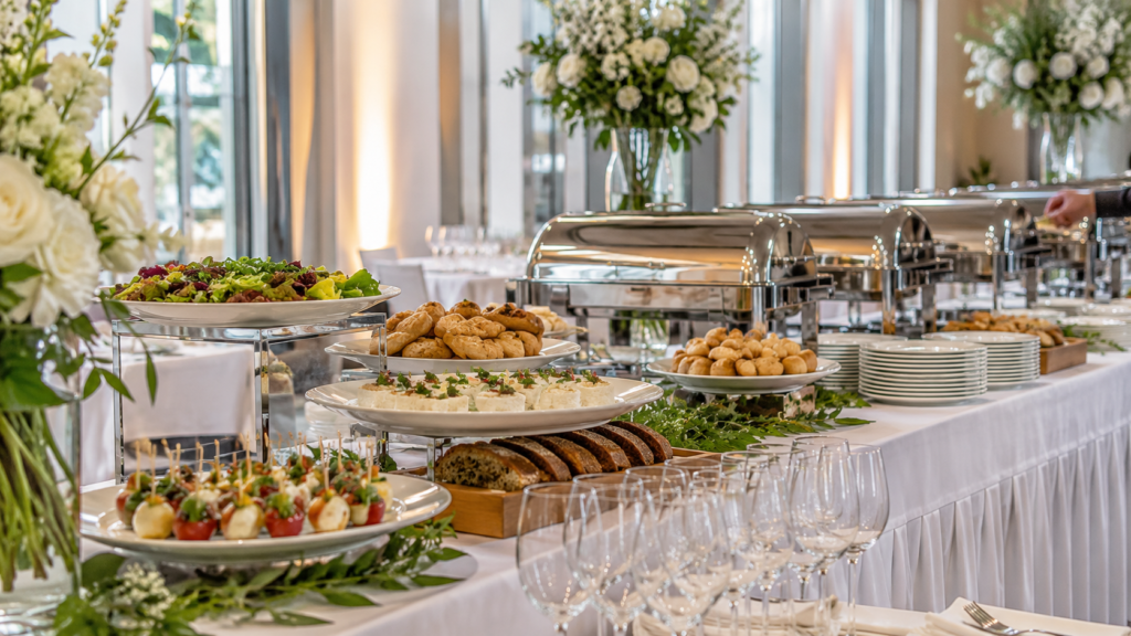 Event catering buffet in Redhill with canapés, salads, breads, hot dishes, glassware and floral table décor.