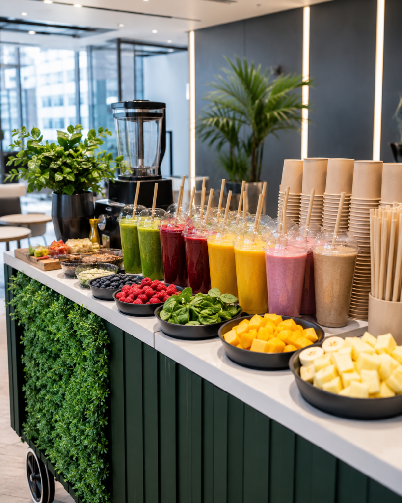 Corporate smoothie bar in London with fresh fruit, colourful smoothies, blender equipment and biodegradable cups.