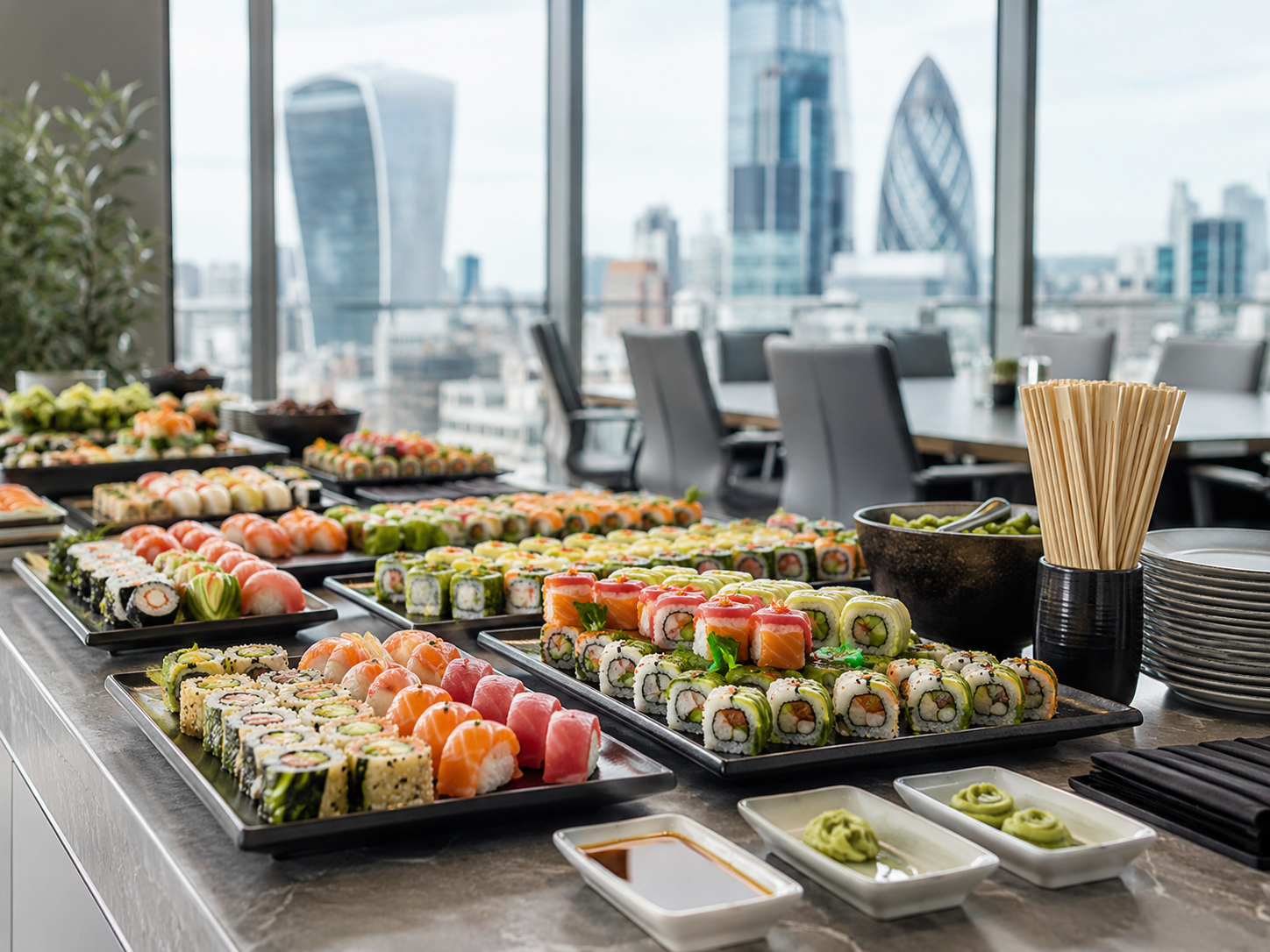 Corporate sushi catering in a London office with assorted sushi platters, vegetarian rolls, soy sauce and wasabi.