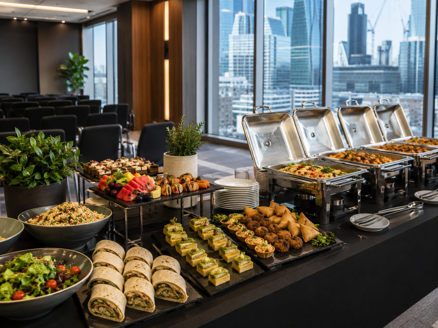 Halal conference catering buffet in a London venue with wraps, salads, canapés, hot dishes and vegetarian options.