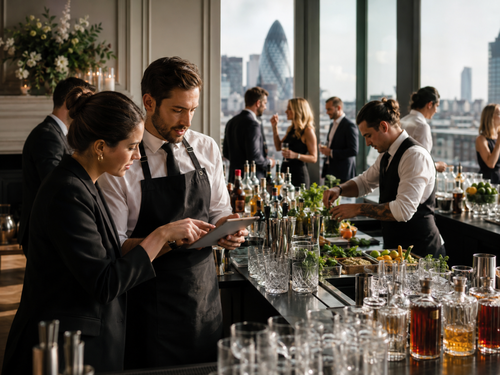 Bartenders planning drinks service and preparing a mobile bar for a London event