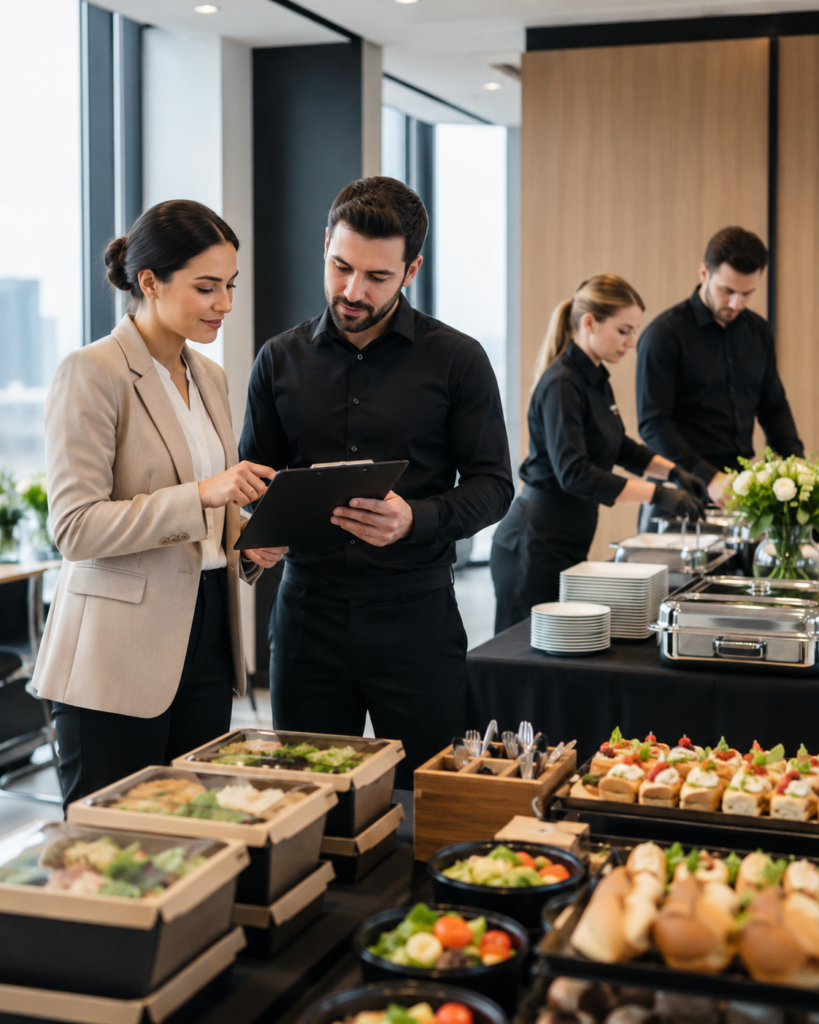 Corporate catering team planning food setup for an Omaha business event