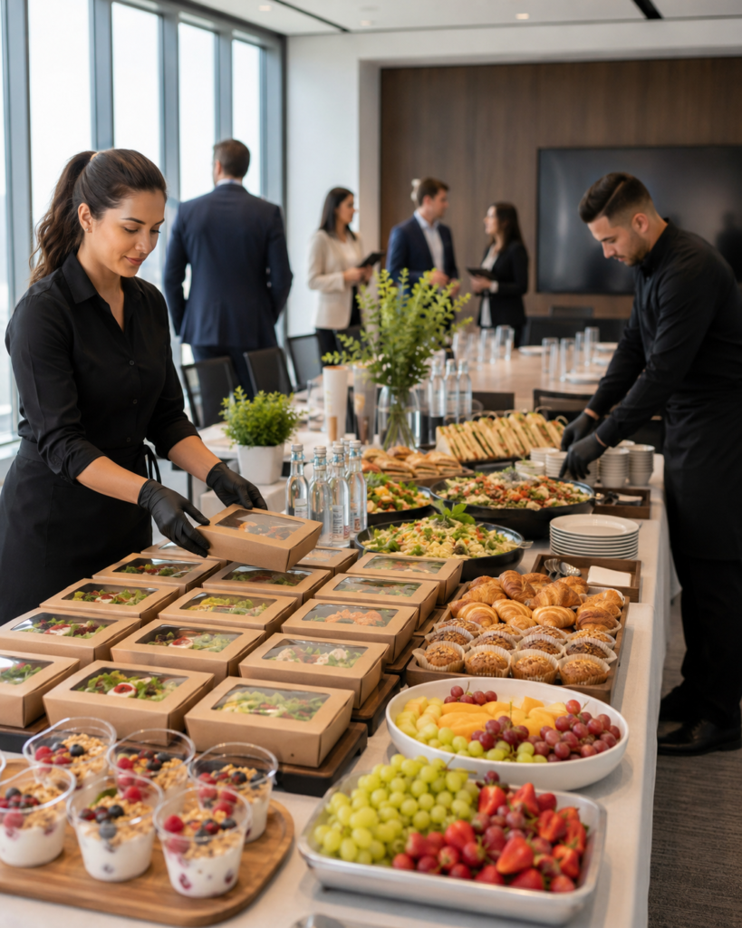 Corporate catering team preparing boxed lunches and buffet service for an Omaha office event