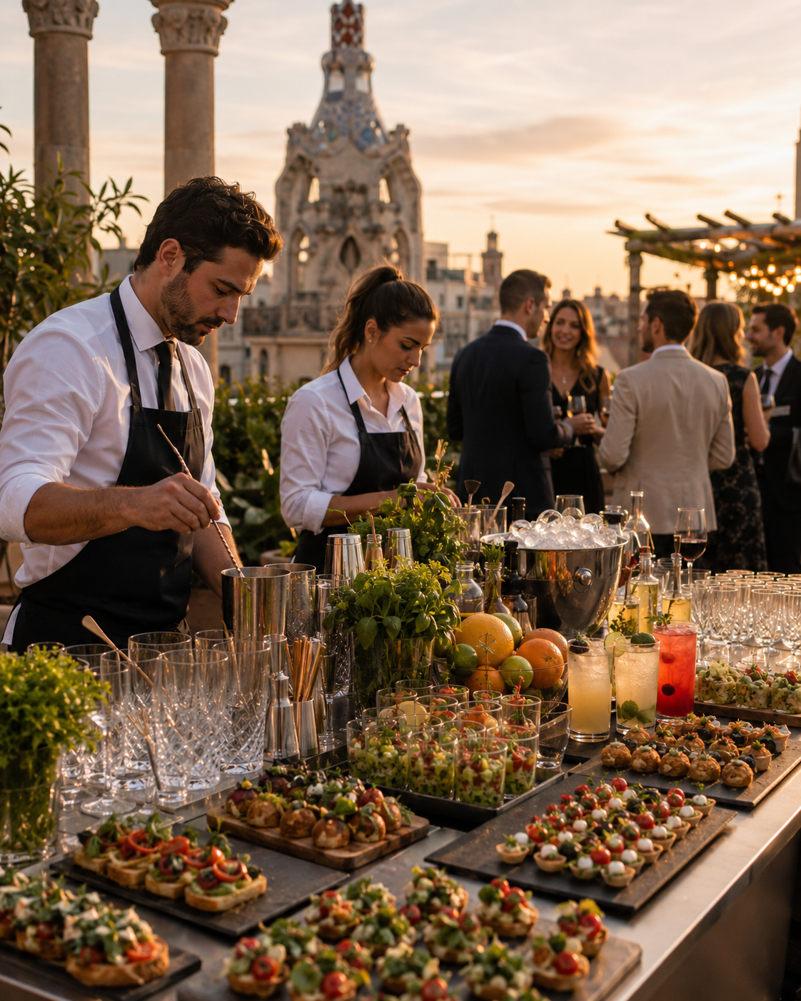 Cocktail catering team preparing drinks and canapés at a Barcelona rooftop event