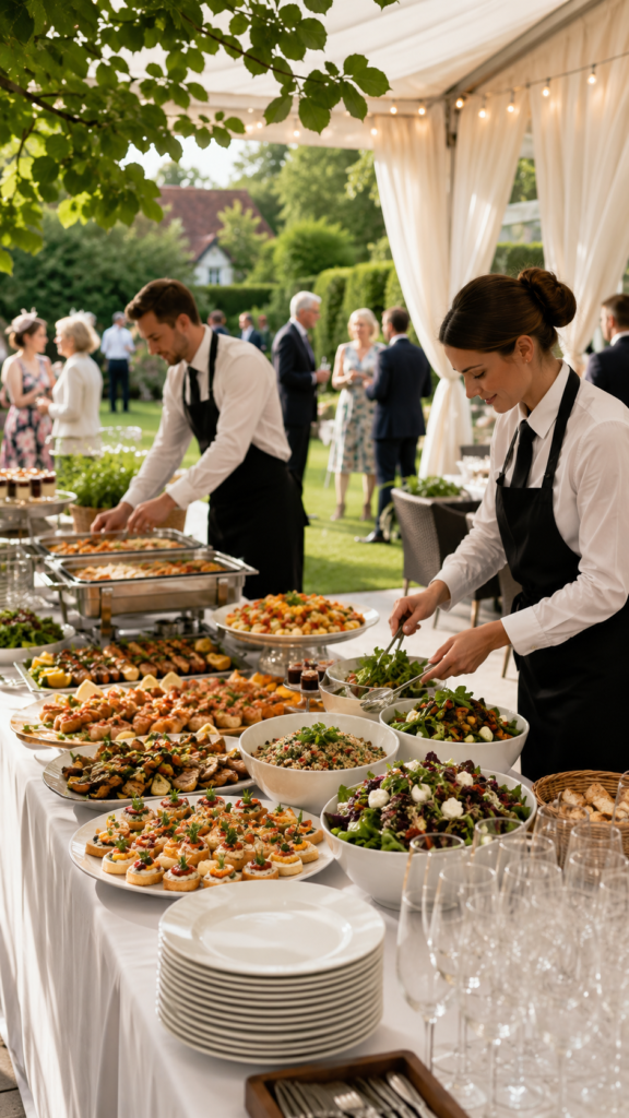 Event catering staff arranging buffet food and salads for a garden party in Twyford