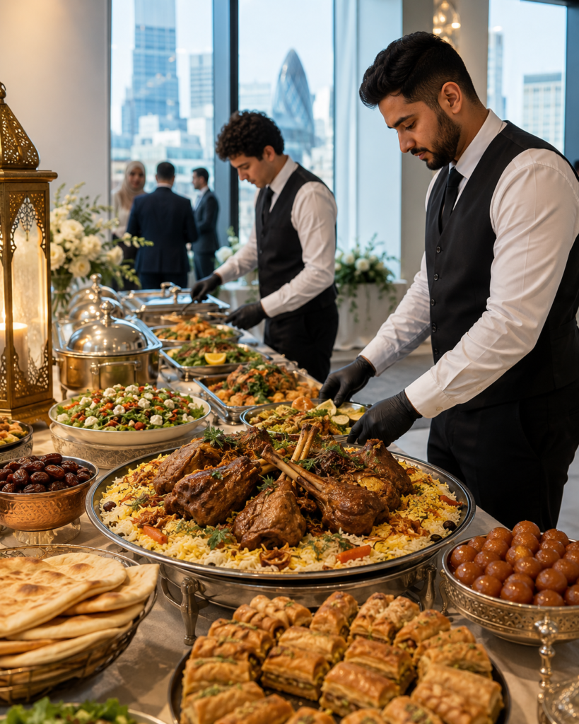 Halal Eid al-Adha buffet catering setup in London with lamb, rice dishes and desserts