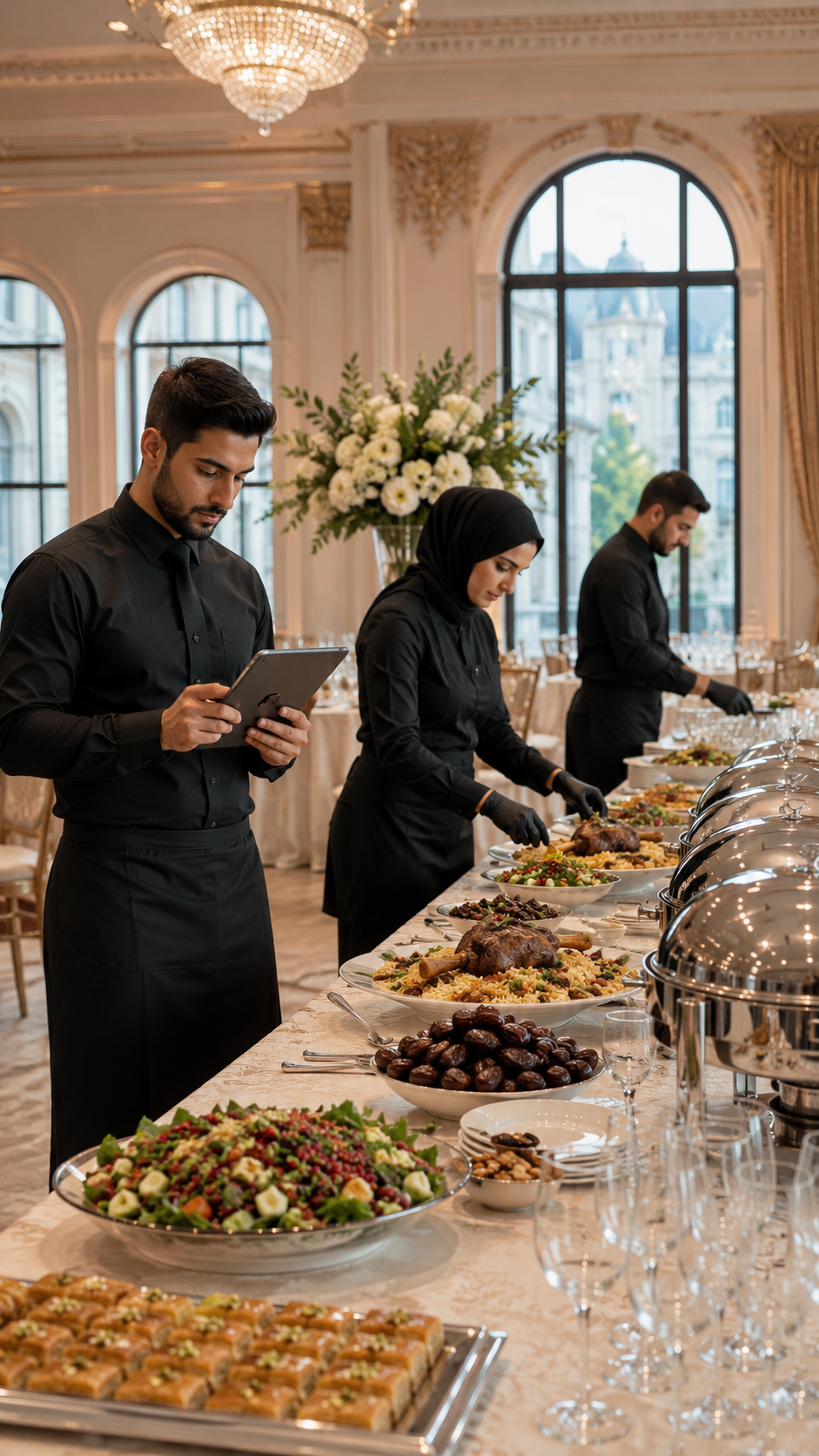 Catering team setting up halal Eid al-Adha buffet service for a London event