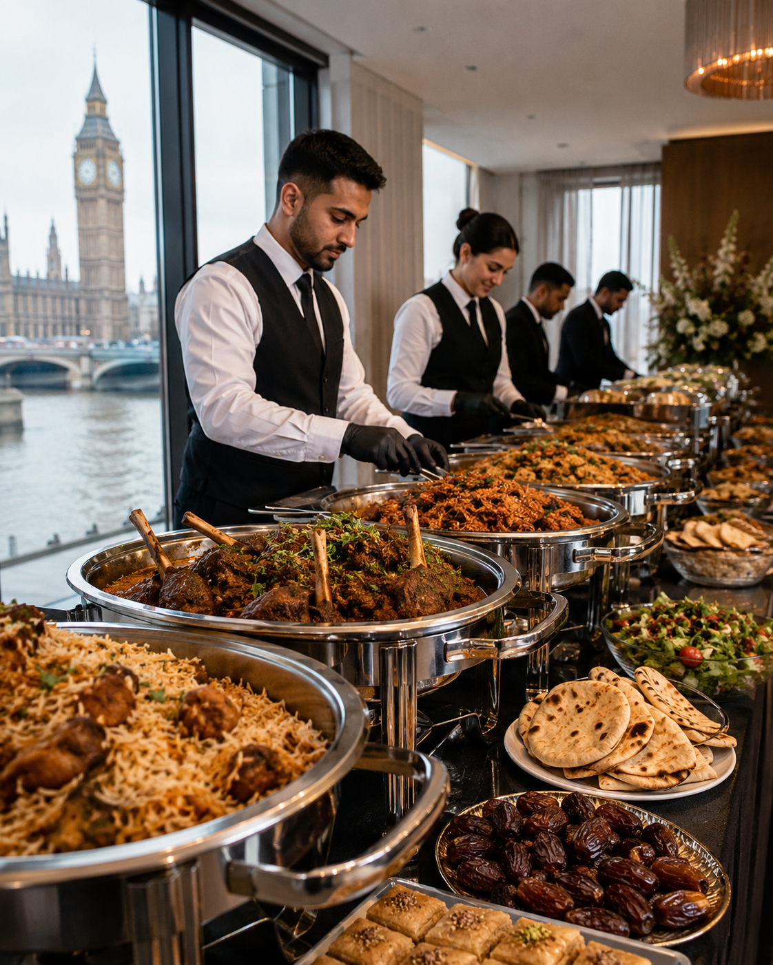 Halal Eid al-Adha catering team serving lamb, rice dishes, dates and bread at a London event
