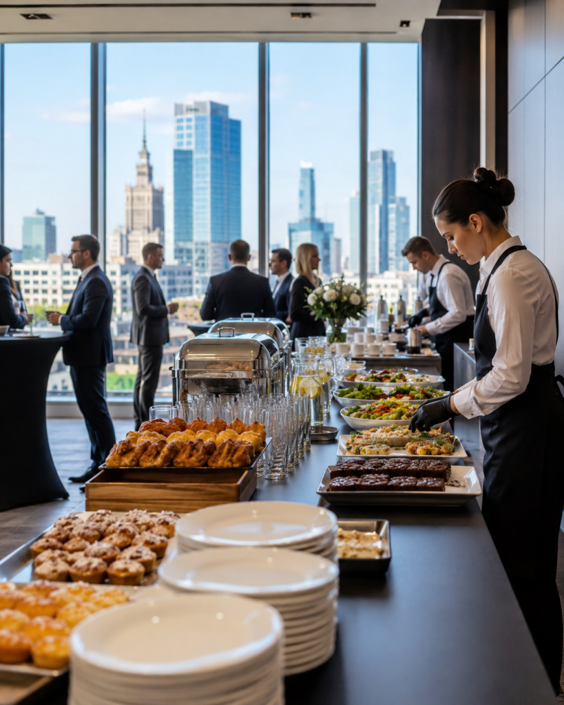 Corporate catering buffet setup in a Warsaw office venue with city skyline views