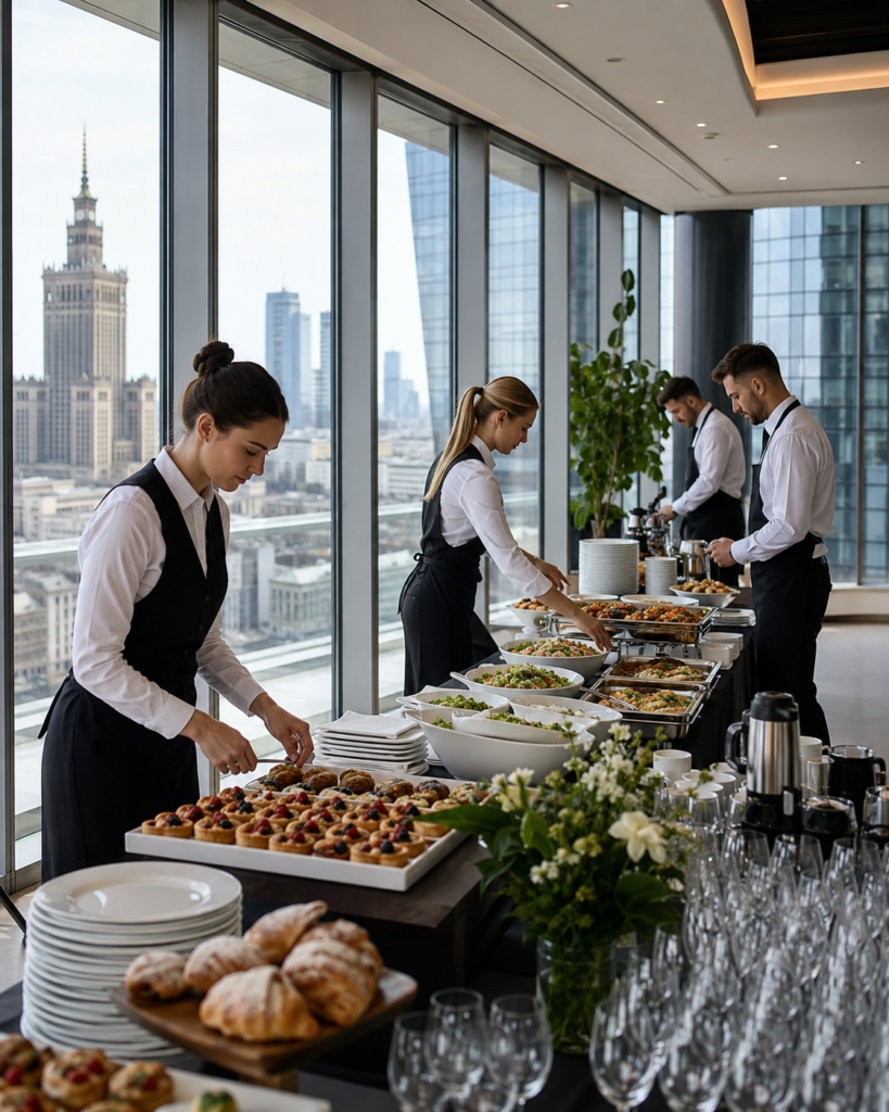 Corporate catering team setting up buffet service for a Warsaw business event