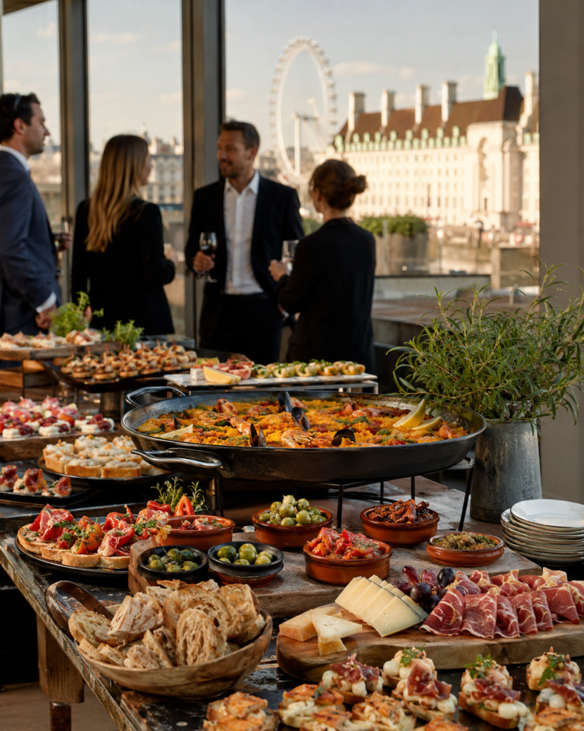 Spanish catering table with paella, tapas and canapés at a London venue