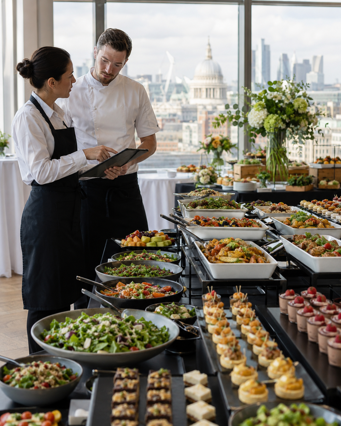 Catering staff reviewing diet-specific buffet dishes and guest requirements at a London event