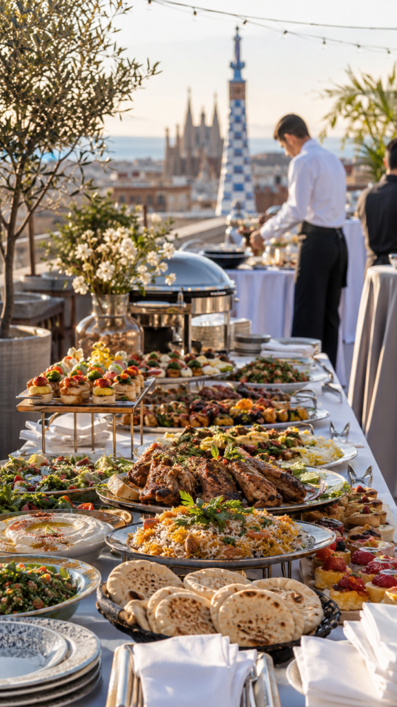 Halal event catering buffet with Mediterranean dishes on a Barcelona rooftop