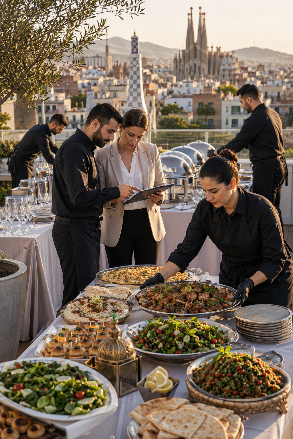 Halal catering team planning buffet service on a Barcelona rooftop event terrace