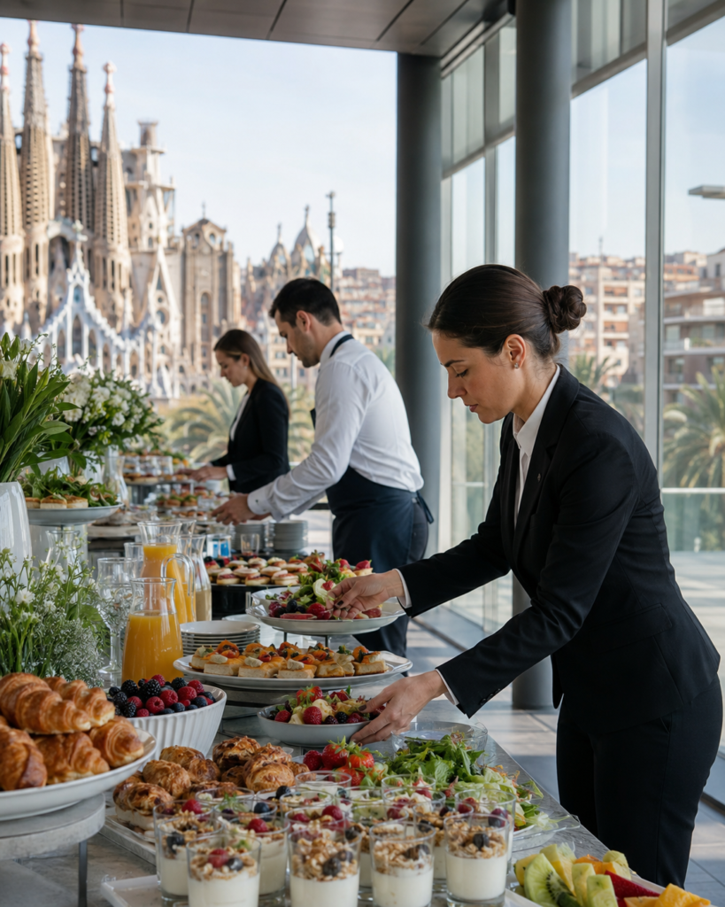 Professional catering staff arranging buffet food for a Barcelona corporate event