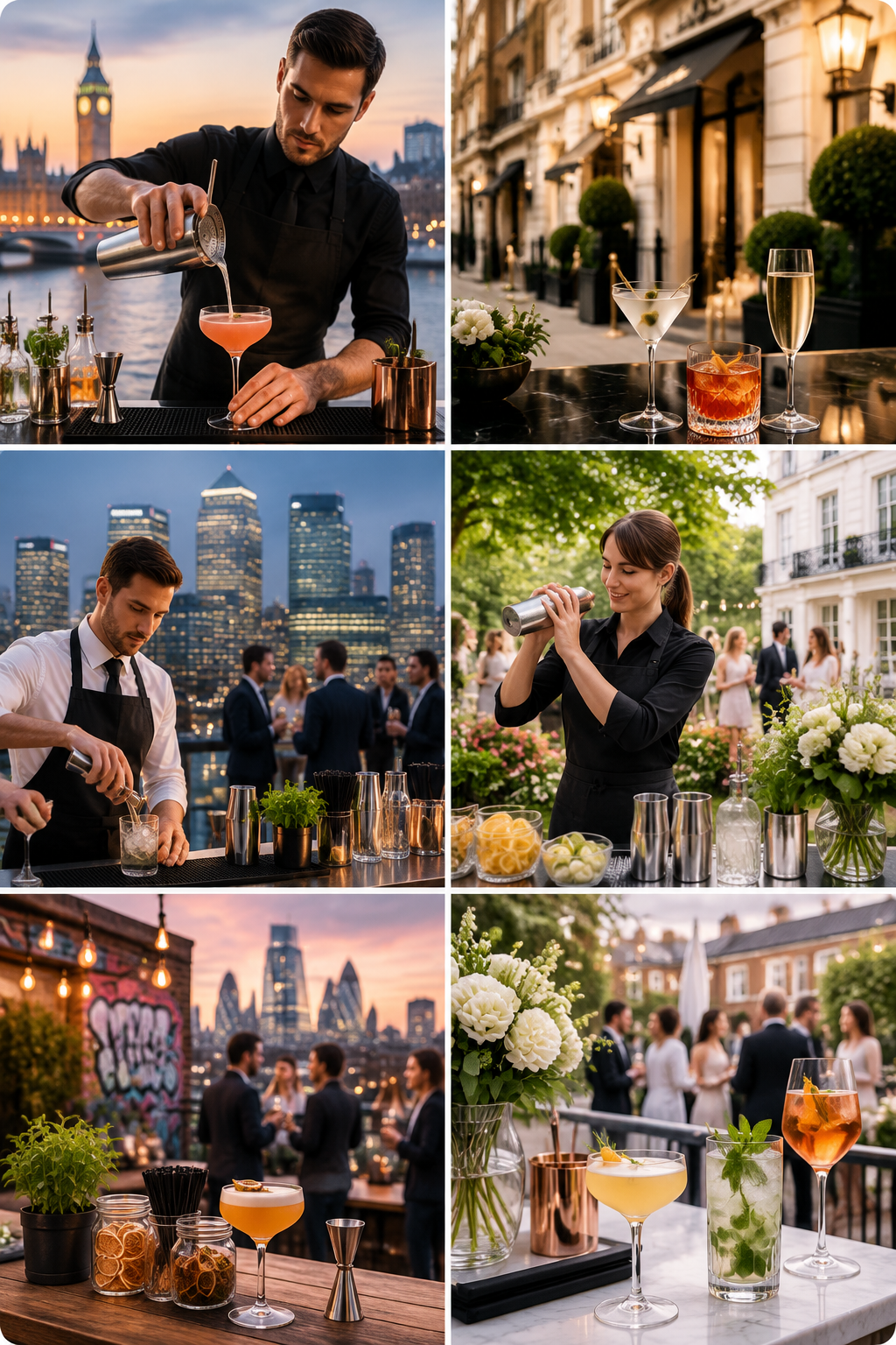 Bartender preparing cocktails at London events across Central London, Mayfair, Canary Wharf, Kensington, Shoreditch and Chelsea