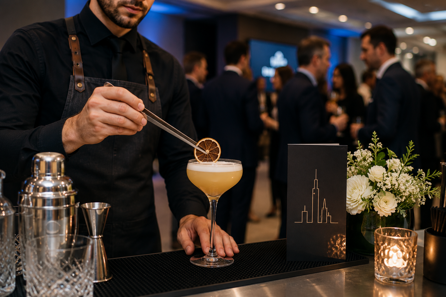 Corporate event bartender serving a cocktail at a professional drinks reception with guests networking in the background