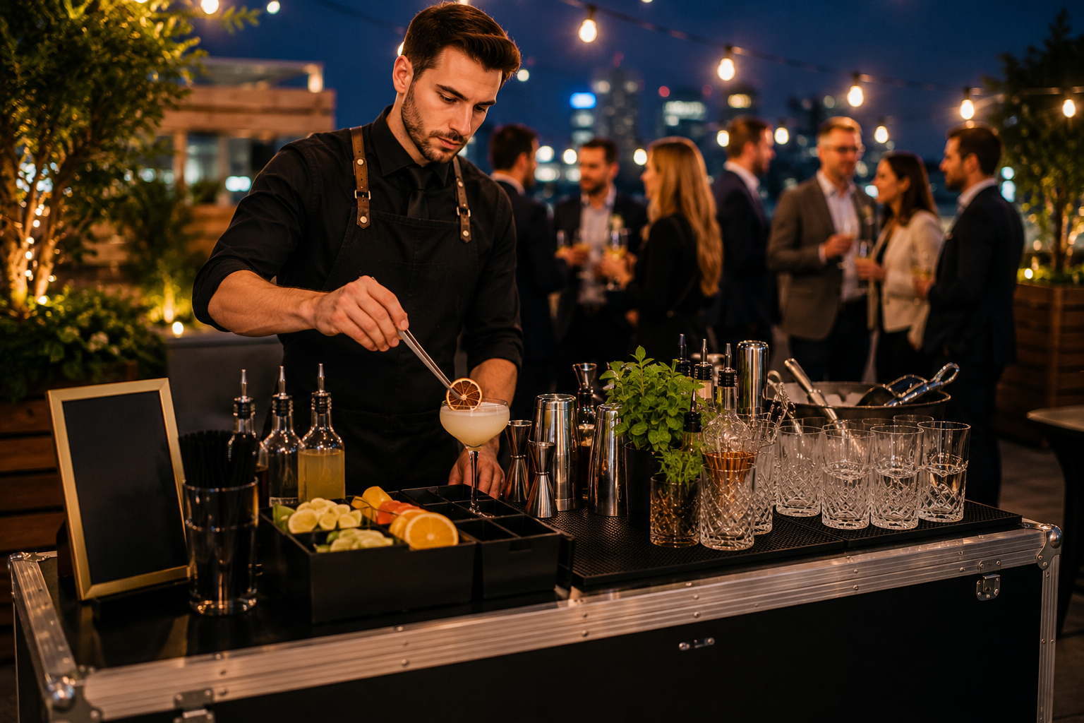 Mobile bar staff preparing cocktails at a portable event bar with glassware, garnishes and guests gathered in the background.