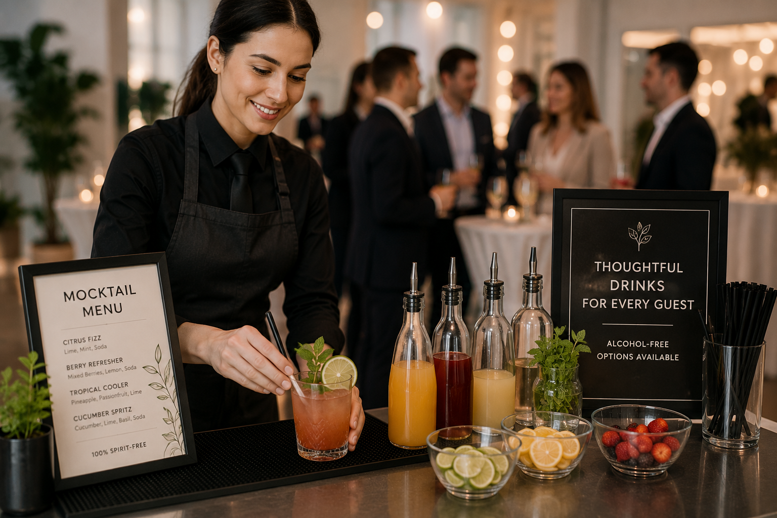 Bartender preparing a fresh mocktail at an event bar with alcohol-free drinks, garnishes and guests in the background.