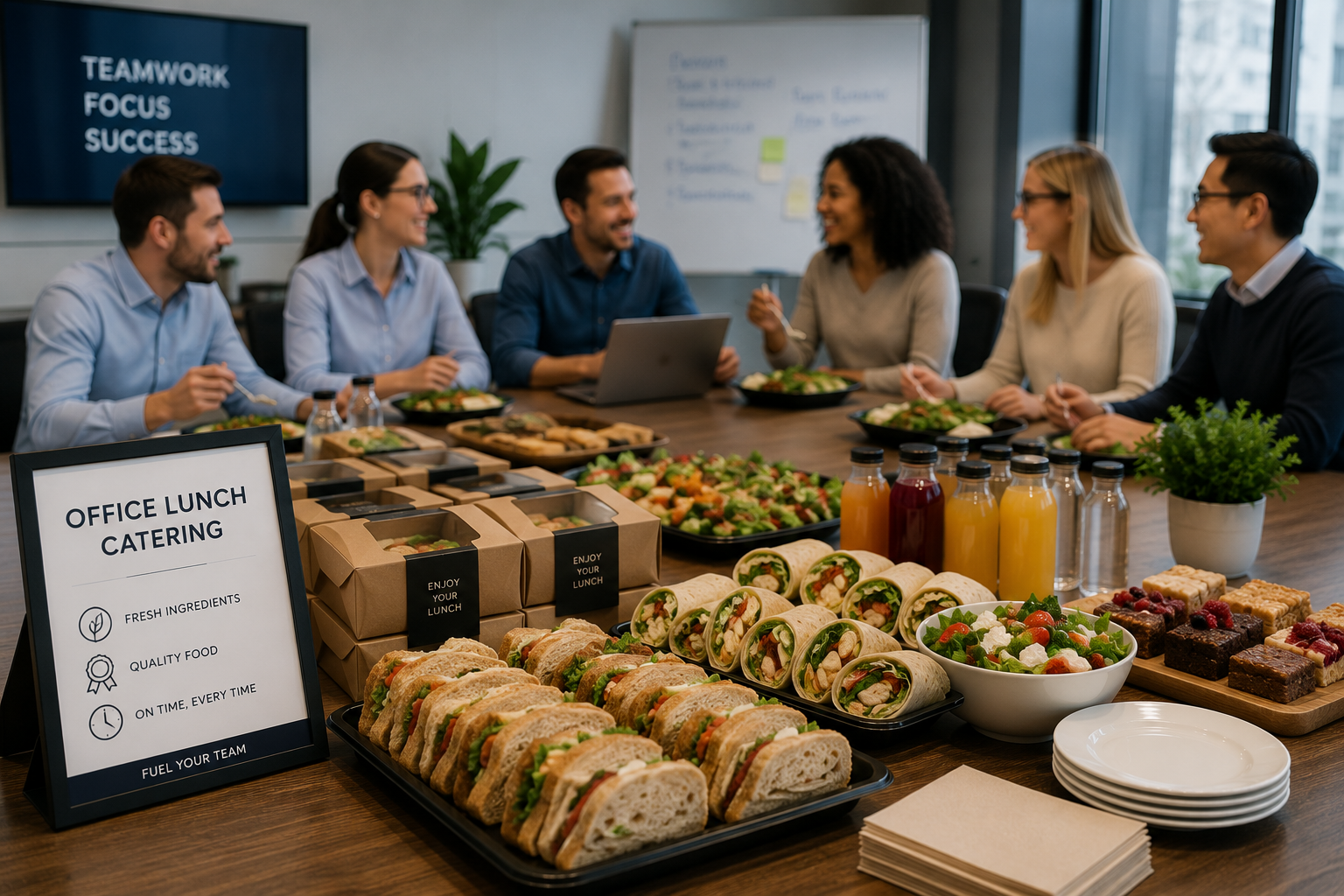 Office lunch catering with sandwiches, wraps, salads and boxed meals served for a team meeting in a modern workplace.