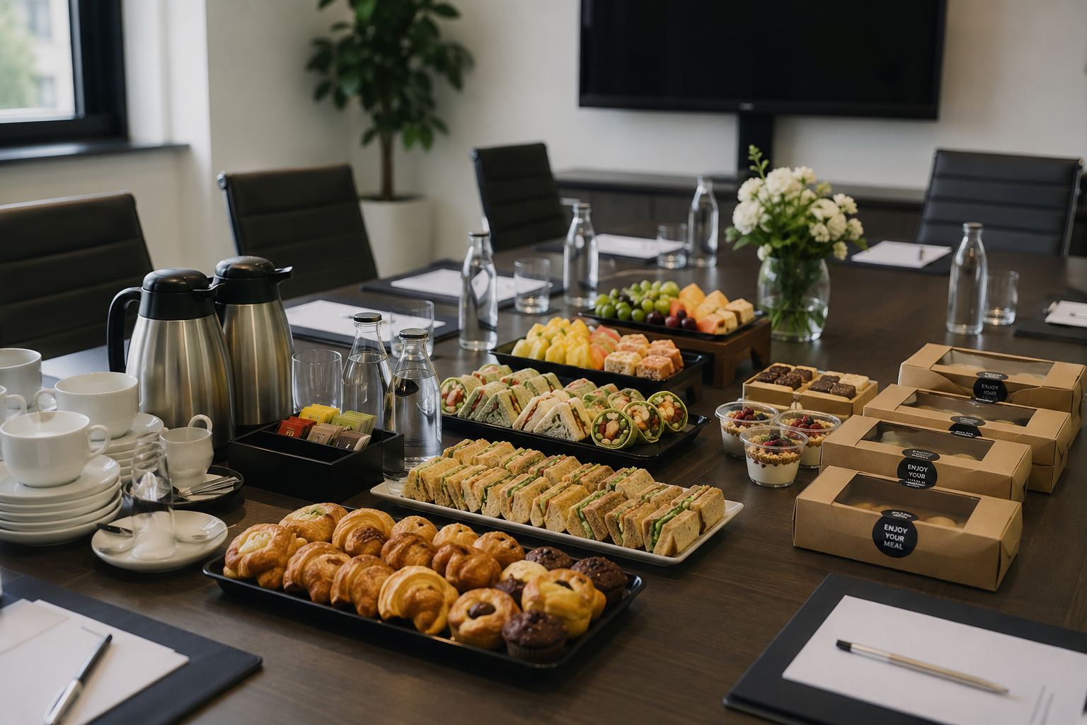 Meeting catering setup in a corporate boardroom with sandwiches, pastries, fruit, coffee and boxed meals arranged for a business session.
