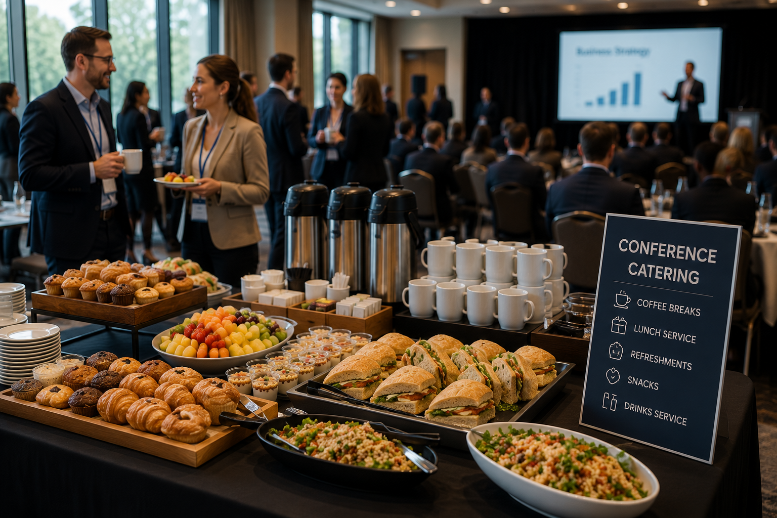 Conference catering buffet with pastries, sandwiches, fruit, coffee and refreshments set up for a business event with attendees in the background.