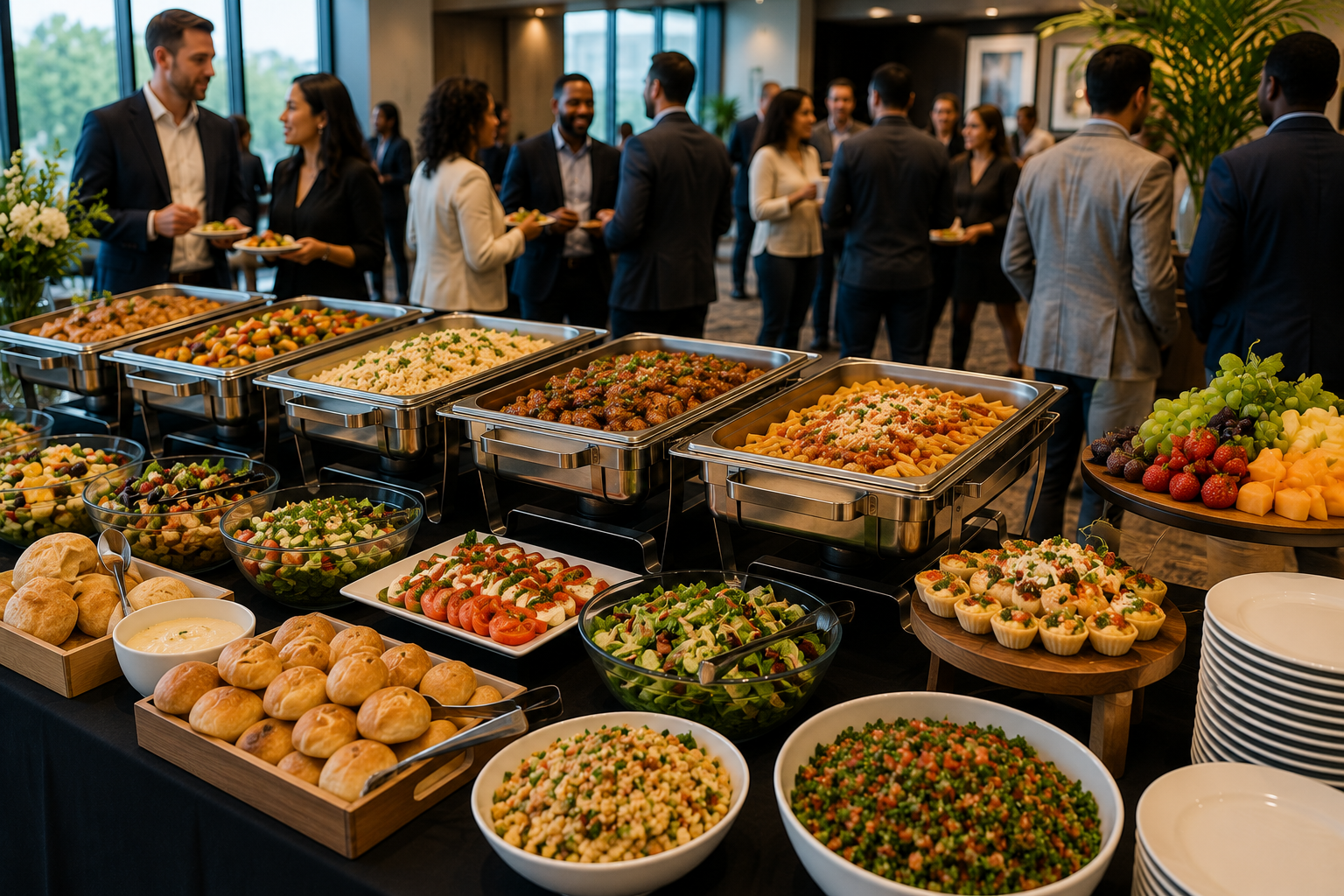 Buffet catering setup with hot dishes, salads, breads and desserts served for a corporate event with guests dining in the background.