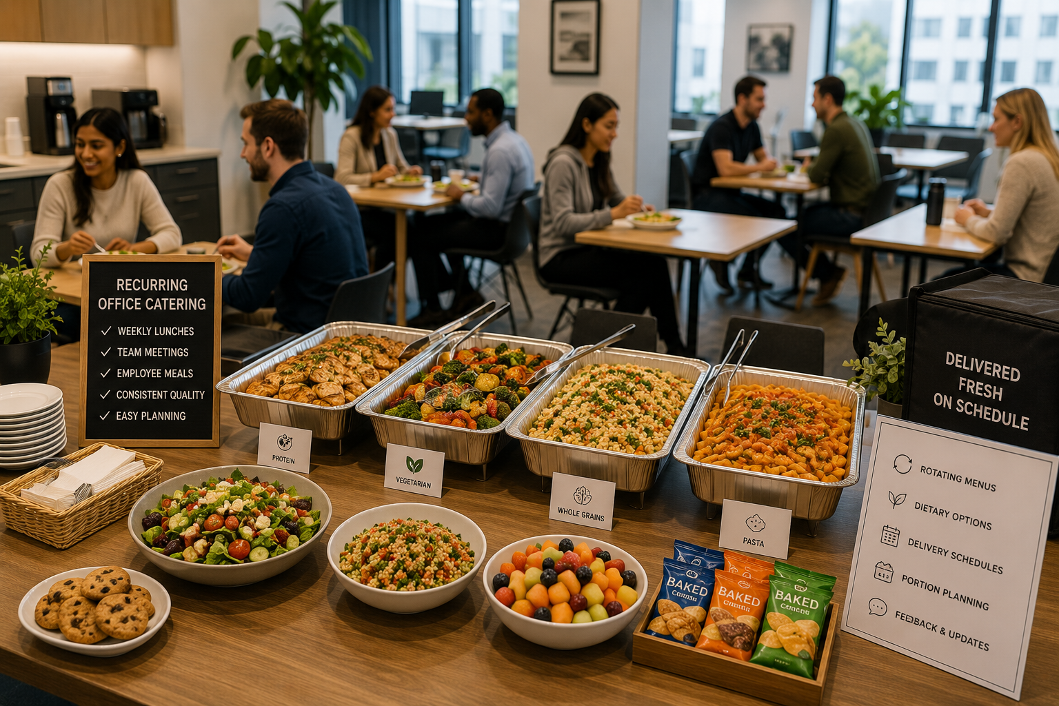 Recurring office catering setup with hot meals, salads, snacks and fruit served in a workplace break area for regular team lunches.
