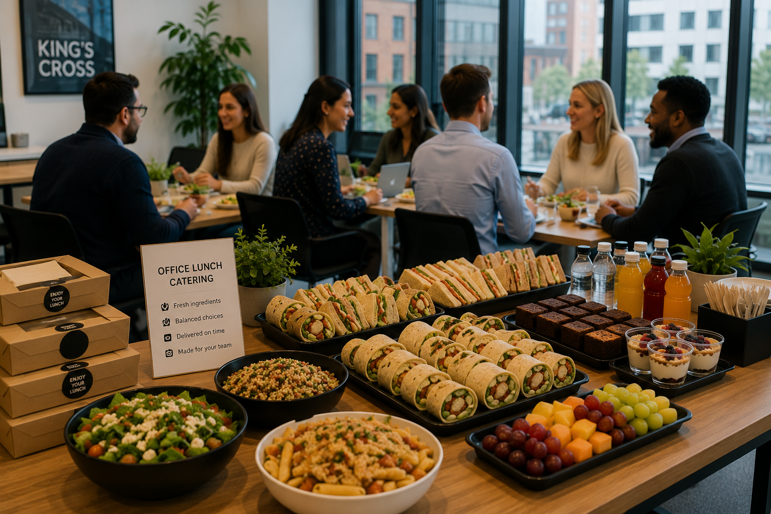 Office lunch catering with wraps, sandwiches, salads, drinks and desserts served for a team meal in a modern King’s Cross office.
