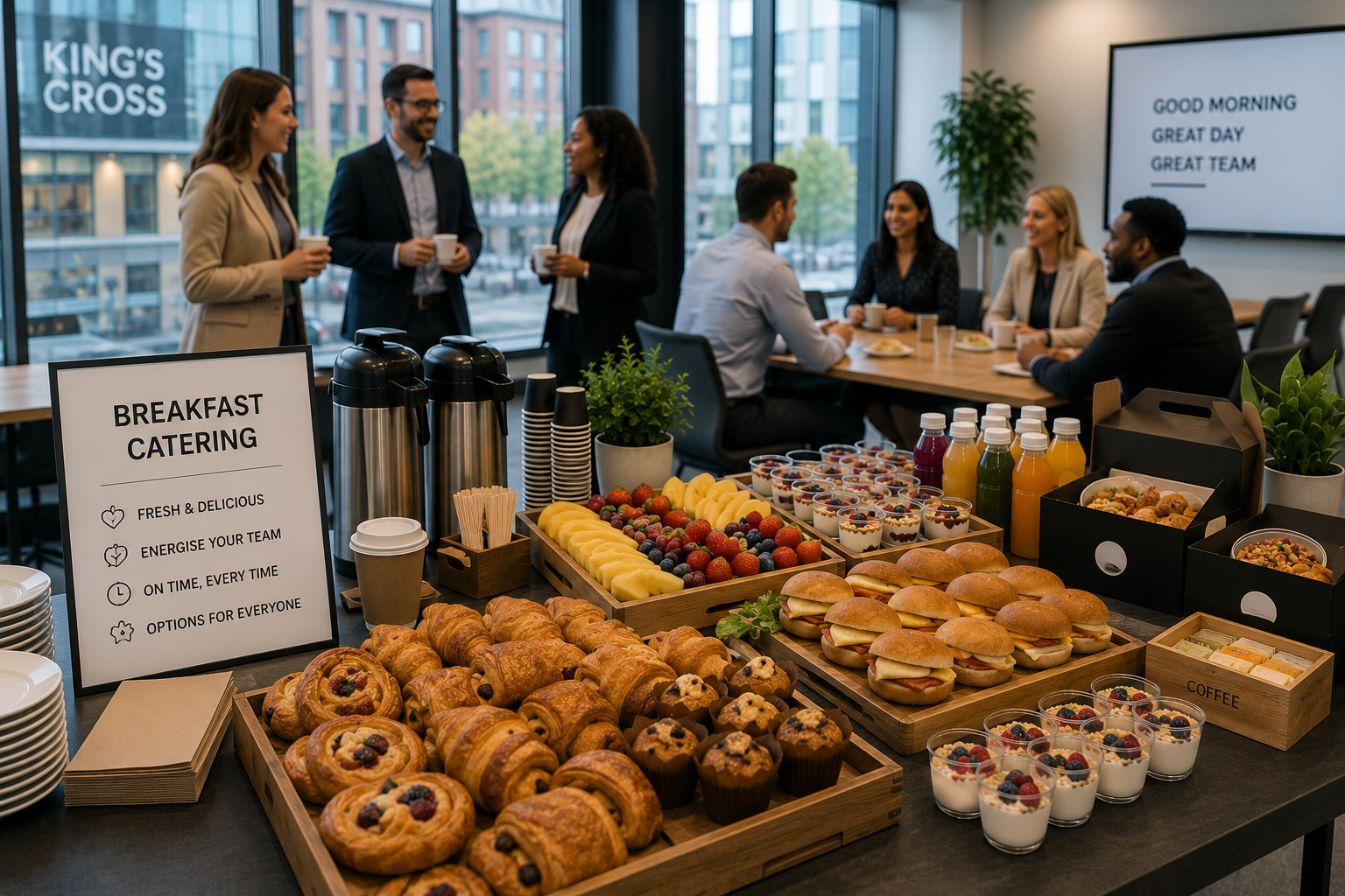 Breakfast catering spread with pastries, fruit, breakfast boxes, coffee and juice set up for an early office meeting in King’s Cross.