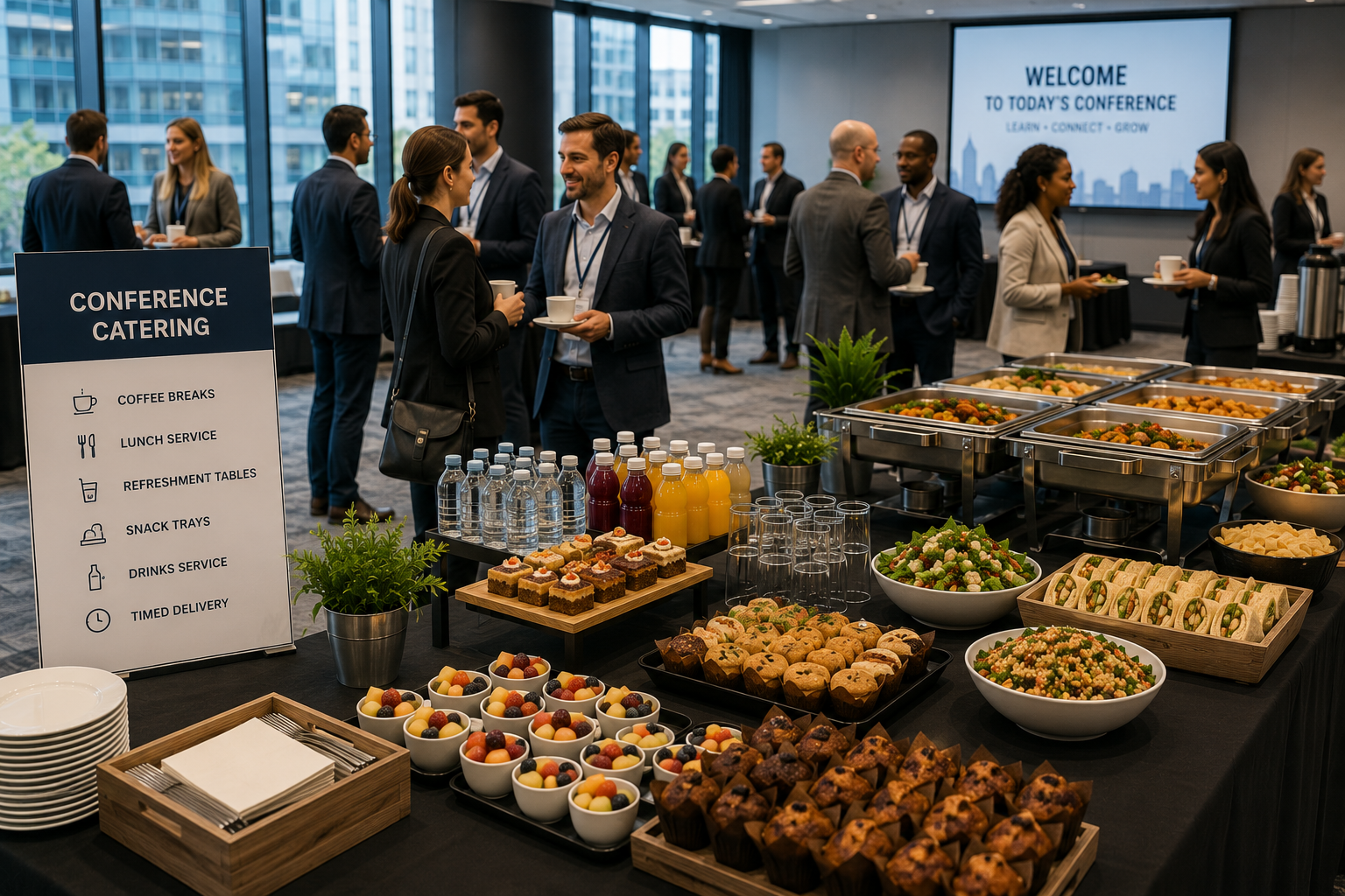 Conference catering setup with buffet dishes, refreshments, bottled drinks and snack options served for a business event in King’s Cross.