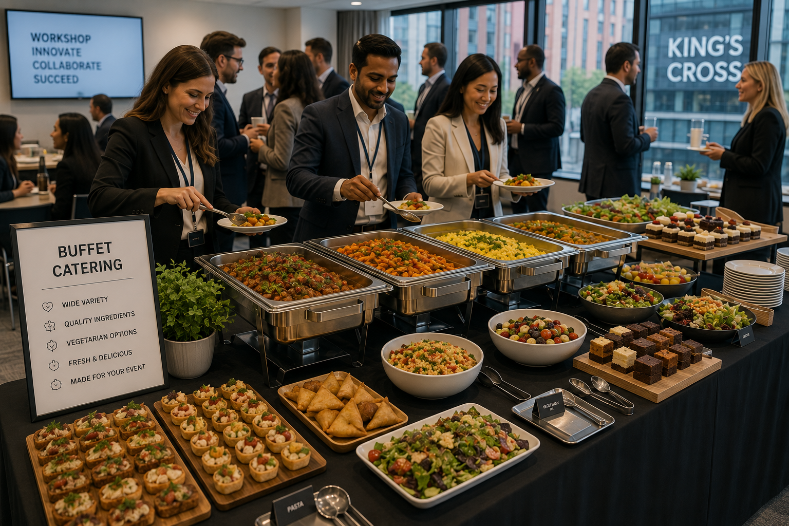 Buffet catering with hot dishes, salads, finger foods and desserts served for a corporate event in King’s Cross.