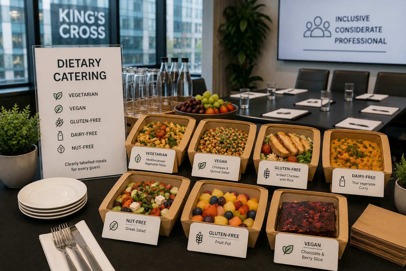 Dietary catering setup with clearly labelled vegetarian, vegan, gluten-free and dairy-free meal options for a business event in King’s Cross.